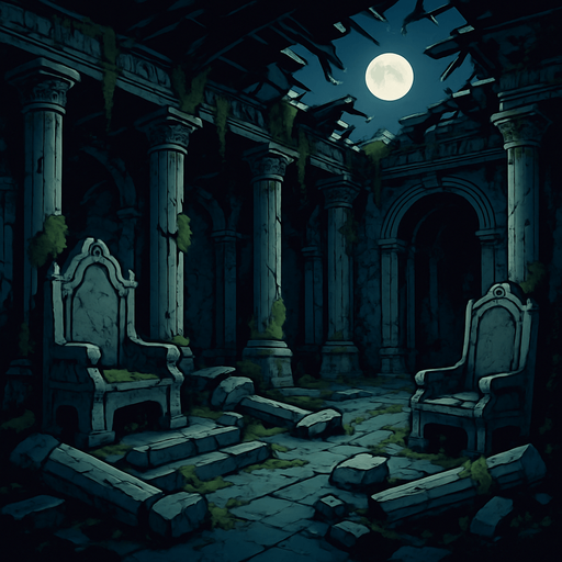 A crumbling forgotten palace with fallen pillars, moss overtaking marble, broken thrones and moonlight through shattered roof, realistic.
In-Game asset.  2d.  High contrast.  No shadows