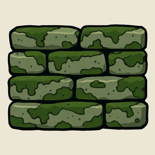 a wall built with flat, mossy stones.
In-Game asset.  2d.  High contrast.  No shadows