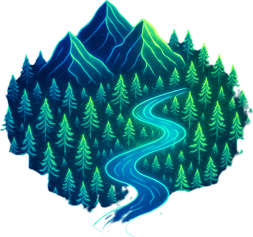 Top down isometric anime forest River mountains neon map grid hologram