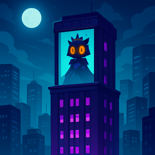 A cinematic 2D cartoon-style night cityscape featuring a tall, dark purple skyscraper with glowing violet lights. From a distant view, on the top floor, a large glass window reveals the silhouette of a mysterious owl princess. She has a crown, flowing dress, and large glowing orange eyes, barely visible behind the glass. The building reflects moonlight, surrounded by other modern towers and misty clouds. The owl silhouette gives a feeling of sorrow or urgency. High detail background, vector-style with vibrant contrast, no shadows, magical atmosphere. Game-ready, dramatic storytelling frame..
In-Game asset.  2d.  High contrast.  No shadows