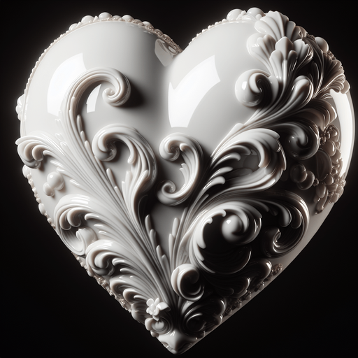 Big precious shiny porcelain heart slightly ornate. face view.