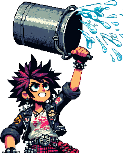 8 bit girl with wild hair holding up a  big bucket above her head to catch water, punk rock, main character.
Single Game Texture. In-Game asset. 2d. Blank background. High contrast. No shadows.