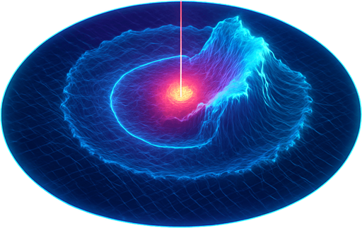 Overhead digital simulation hologram of oceanic meteor impact tsunami wave shockwave radius circle outward crashing neon cyberpunk 3d diagram