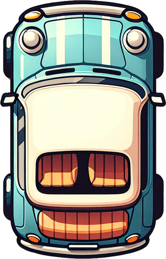 A cute looking car, facing up, viewed top down. Suitable for a game.

Single Game Texture. In-Game asset. 2d. Blank background. High contrast. No shadows.