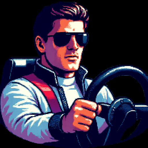 charater holds the steering wheel with one hand