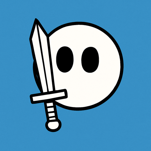 White simple circular enemy seen from above, black outline. Black eyes, with a single Sword in-font of it. Black and white only. Blue background.