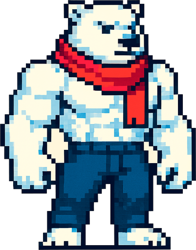 Oso polar furry fuerte con bufanda y pantalones largos y sin camisa, pixeleado.
In-Game asset.  2d.  High contrast.  No shadows