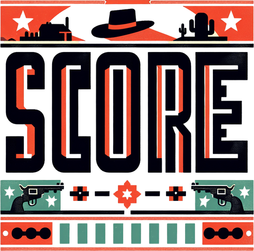 western inspired letters that spell "Score".
Single Game Texture. In-Game asset. 2d. Blank background. High contrast. No shadows.