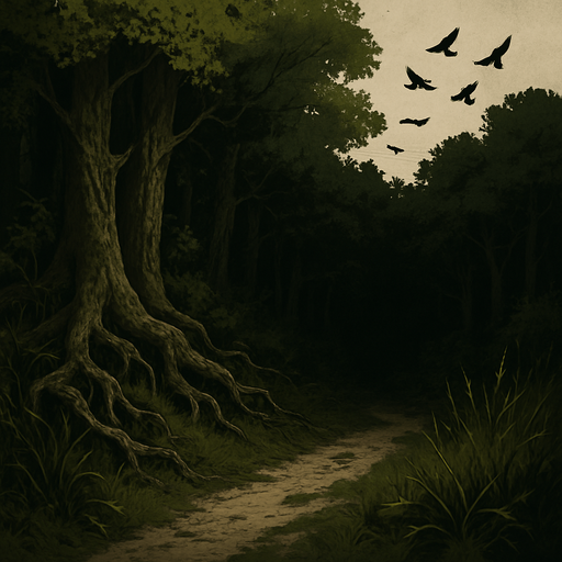 The edge of a thick medieval forest, tangled roots and wild grass, birds flying above, a worn path leading into shadow, realistic.
In-Game asset.  2d.  High contrast.  No shadows
