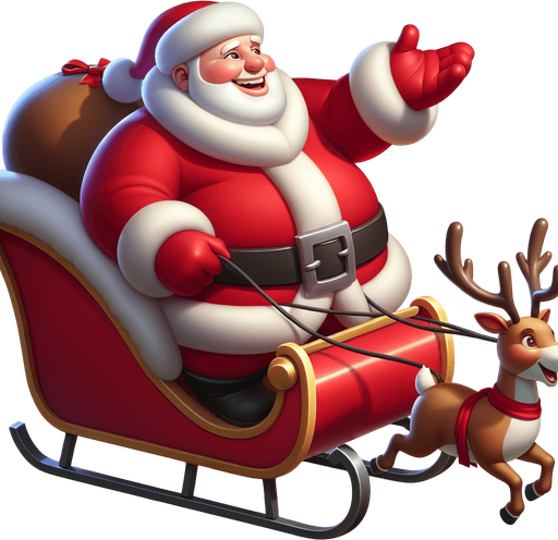 Provile view of Santa clauss in his sleigh with reindeer, smiling and making a sign with his hand game Asset. High contrast. No shadows.