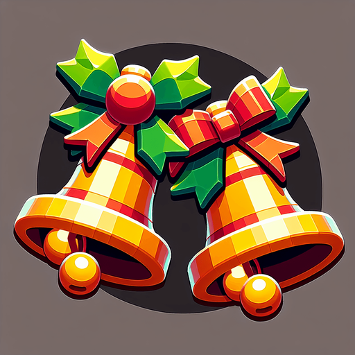 a couple of christmas bells. plastic style. Single Game Texture. In-Game asset. 2d. Blank background. High contrast. No shadows.