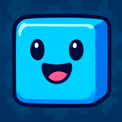 happy blue cute cube sprite.
In-Game asset.  2d.  High contrast.  No shadows