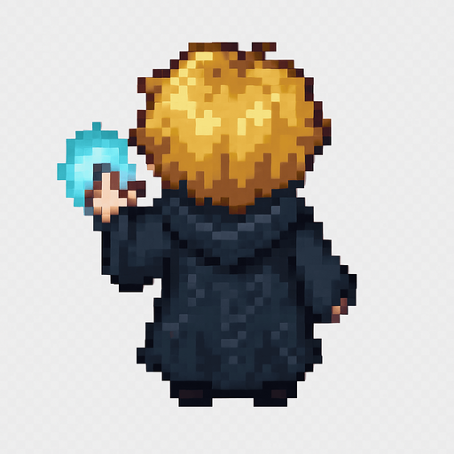 "Top-down 2D pixel art of a young male wizard child, viewed from a perfect 90-degree angle directly overhead (true bird’s-eye view), facing away from the viewer (back view). He has short, wavy blonde hair and wears a long, flowing black robe with subtle magical runes on it. Small dark boots are barely visible beneath the robe. His robe has a slightly oversized hood resting on his back. He is standing still in a casting pose, one small hand slightly raised forward as if ready to cast a spell. A glowing blue aura surrounds his hand to indicate magic. The lighting is soft and ambient, suitable for a fantasy RPG game. Style is classic 16-bit RPG pixel art, SNES-era quality. Transparent background.".
In-Game asset.  2d.  High contrast.  No shadows