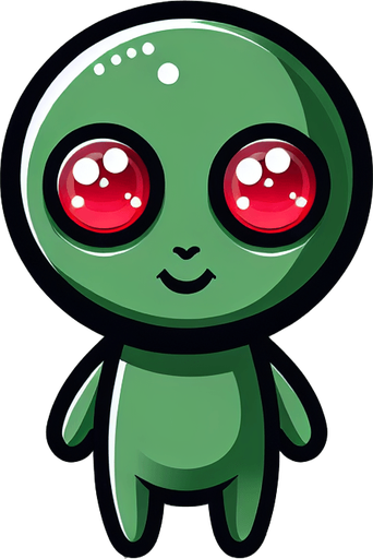 Green alien cartoon. Red eyes. Cute, smiling. Blank background. High contrast. No shadows.