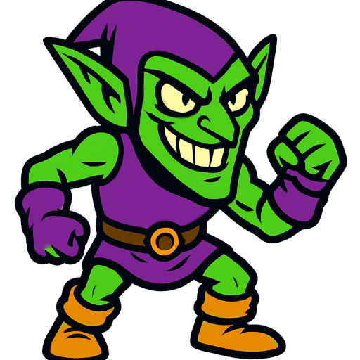Green goblin without backround.
In-Game asset.  2d.  High contrast.  No shadows