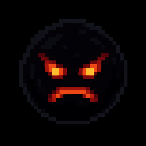 orbe oscuro de pixeles con cara enojada.
In-Game asset.  2d.  High contrast.  No shadows
