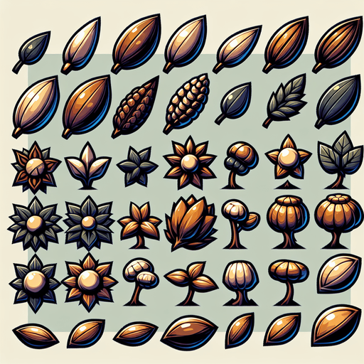 A sprite sheet of seeds. Cartoon..
Single Game Texture. In-Game asset. 2d. Blank background. High contrast. No shadows.
