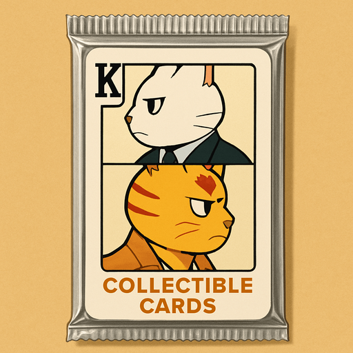 A booster pack of collectible cards in the plastic packaging. On the package is a picture of these two cats as if they are the King on a card in a deck of regular playing cards. The white one is on top facing left and the bottom one is the mirror facing right, side profile, just like a king on a regular playing card. There is a K in the top left corner to mark the King, but no suit.