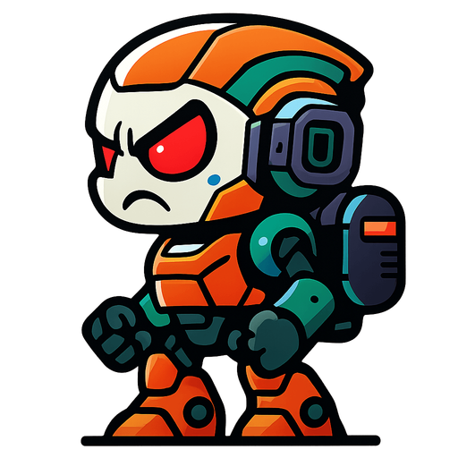 Side view, angry cyberpunk robot, looking left. full body, cute but aggro
In-Game asset.  2d.  High contrast.  No shadows