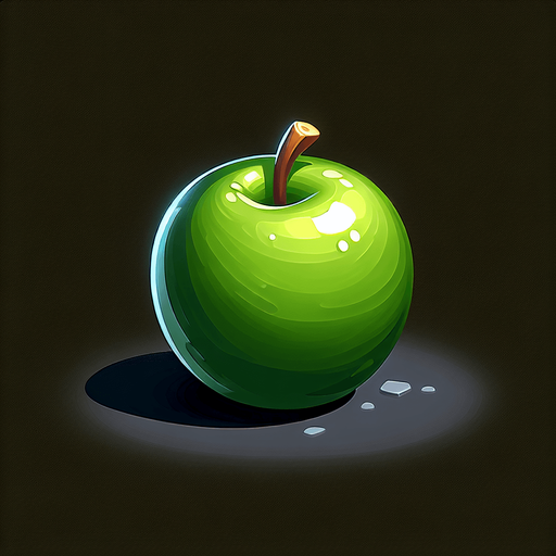 green apple.
Single Game Texture. In-Game asset. 2d. Blank background. High contrast. No shadows.