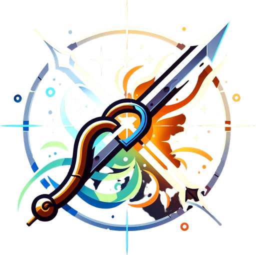 A symbol merging a sword and an arrow/bow, perhaps crossing each other with energy flowing between them..
Single Game Texture.  In-Game asset.  2d.  Blank background.  High contrast.  No shadows