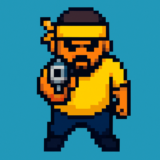 pandillero de amarillo hecho con pixeles con perspectiva desde arriba visto de frente apuntando hacia enfrente con un arma
In-Game asset.  2d.  High contrast.  No shadows