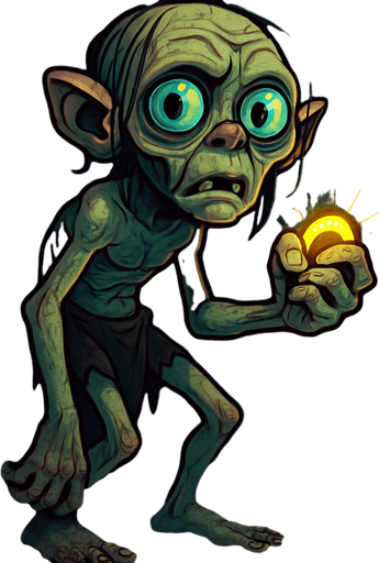 A full-body stylized illustration of Smeagol (Gollum), showing his thin, hunched frame and large expressive eyes. He is barefoot and shirtless, wearing ragged shorts, with exaggerated cartoonish features that highlight his creepy yet pitiful nature. He clutches a glowing precious ring tightly in one hand. The art style is dark fantasy with vibrant colors, detailed skin textures, and a shadowy, mysterious background to enhance the eerie atmosphere. Perfect for full-character concept art or game design..
In-Game asset.  2d.  High contrast.  No shadows