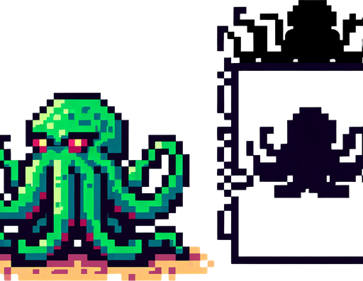 8 bit tentacle monster.
Single Game Texture. In-Game asset. 2d. Blank background. High contrast. No shadows.
