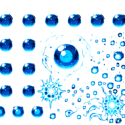 A sprite sheet of blue force field bubbles.
Single Game Texture. In-Game asset. 2d. Blank background. High contrast. No shadows.