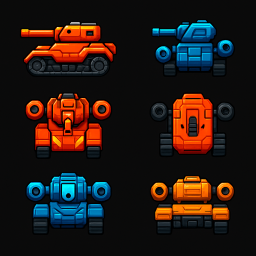 Pack of different future tank enemy have 2 turrets on its 2 sides, different frames of it facing the screen by sides from the left side, right side, top,bottom,front,back, HD colors.
In-Game asset.  2d.  High contrast.  No shadows