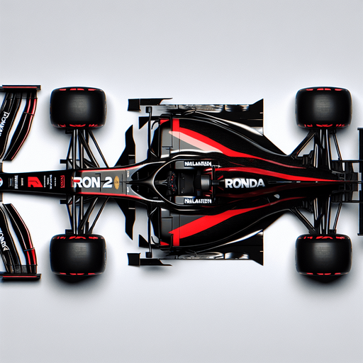 Black McLaren MP4-29 F1 RACE CAR with red lines and white,,RONDA"text. TOP VIEW..
Single Game Texture. In-Game asset. 2d. Blank background. High contrast. No shadows.