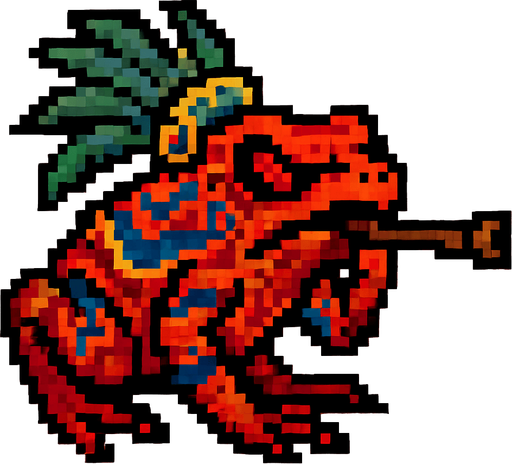 Genérame una Rana de dardo venenosa guerrero azteca con eso patrones, estilo pixelar, con una apariencia maligna, ojos rojos, rabioso. Unidad a distancia, con cerbatana. Animal.
In-Game asset.  2d.  High contrast.  No shadows