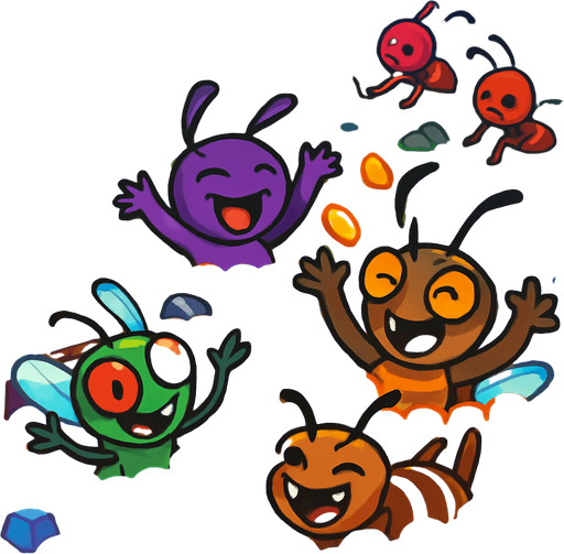 When the evil insects win, they celebrate by swimming in piles of gold coins. Cartoonish, colorful, and fun scene. In the background, defeated allied ants and the lost treasure atmosphere. Filled with vibrant colors and animated details..
In-Game asset.  2d.  High contrast.  No shadows