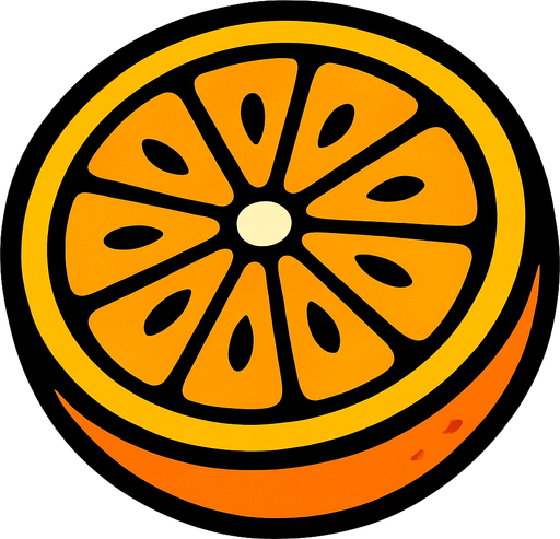 Naranja Circular Cortada por la mitad.
In-Game asset.  2d.  High contrast.  No shadows. Cartoon.