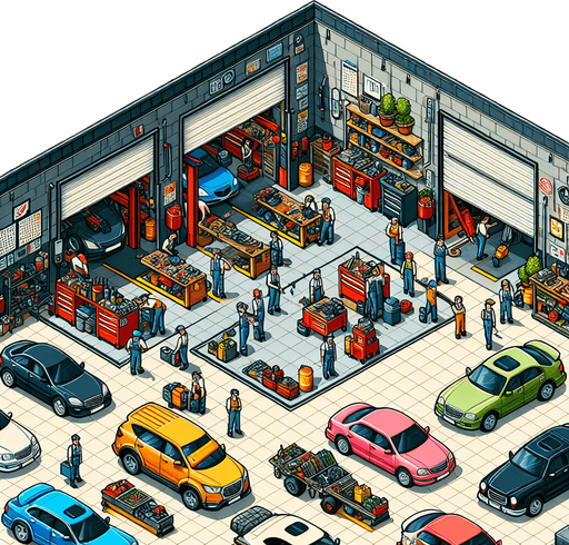 A garage with employees who can repair the cars.
Single Game Texture. In-Game asset. 2d. Blank background. High contrast. No shadows.
