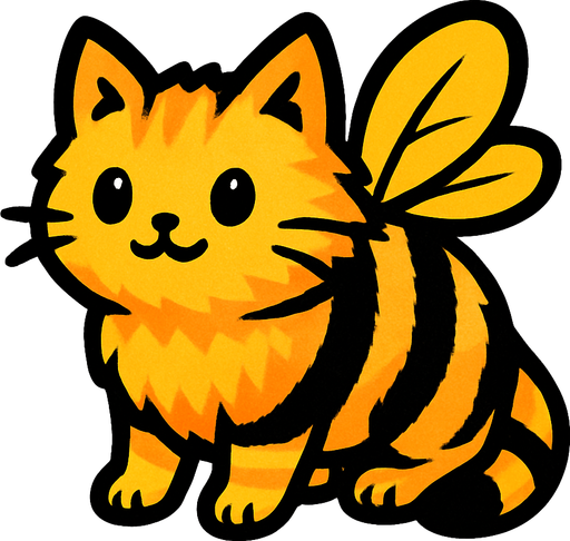 Chat (animal) a la fourrure couleur abeille et avec des ailes.
In-Game asset.  2d.  High contrast.  No shadows