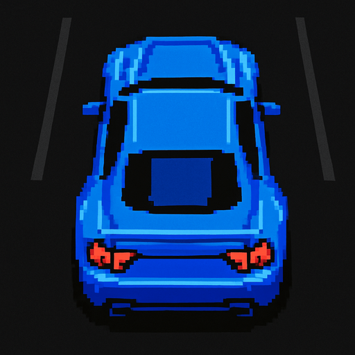 carro azul deportivo con la perspectiva hacia arriba.
In-Game asset.  2d.  High contrast.  No shadows hecho con pixeles acelerando con perspectiva trasera sin el rastro