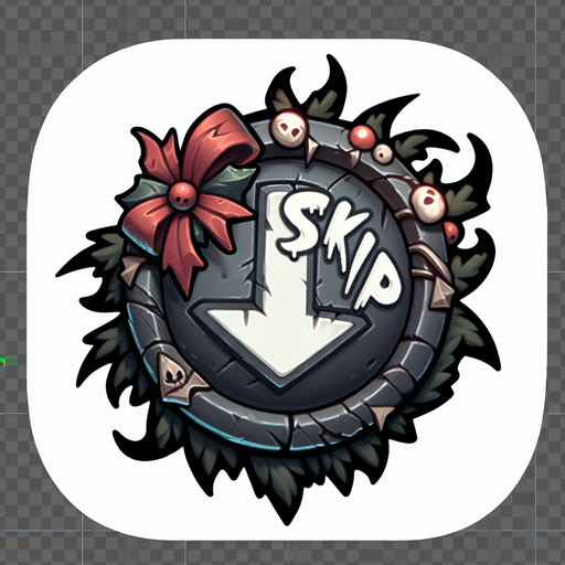 eerie christmas inspired  button as an arrow pointing right that says SKIP in a creepy font  png.
Single Game Texture. In-Game asset. 2d. Blank background. High contrast. No shadows.