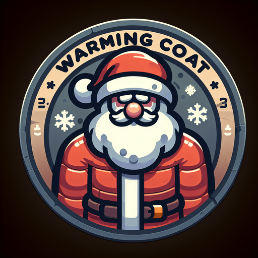 icon for santa with a thick warm coat, but his face is very cold, on a circle, with the text at top: "warming coat", cartoon Single Game Texture. In-Game asset. 2d. Blank background. High contrast. No shadows.
