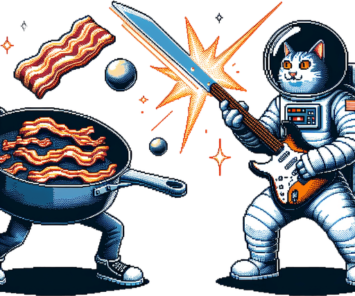 Epic clash of intergalactic tubs of lard and  anthropomorphic skillets cooking bacon while brandishing a switchblade knife versus a morbidly obese astronaut cat with a funny expression shooting sonic blasts from the fender Stratocaster being played, cinematic, exciting, 16-bit pixel art.
Single Game Texture. In-Game asset. 2d. Blank background. High contrast. No shadows.