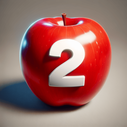a white " 2" on a  red apple..
Single Game Texture. In-Game asset. 2d. Blank background. High contrast. No shadows.