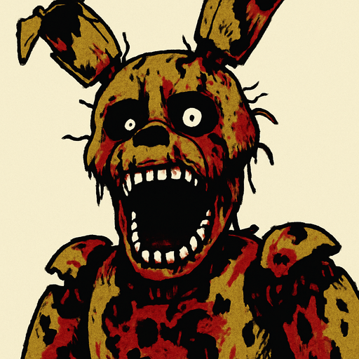 kanlı ve solmuş bir animatronik springtrap bağırıyor.
In-Game asset.  High contrast.  No shadows