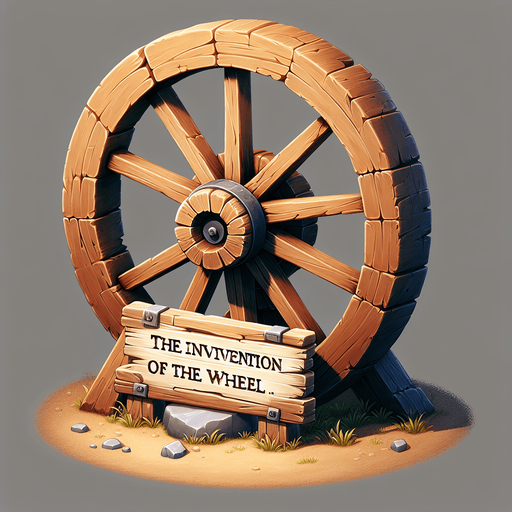 An animated image of a wooden wheel with a sign: The invention of the wheel.
Single Game Texture. In-Game asset. 2d. Blank background. High contrast. No shadows.