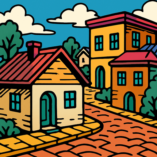 Un pueblo con casa y un piso café jojo's.
In-Game asset.  2d.  High contrast.  No shadows