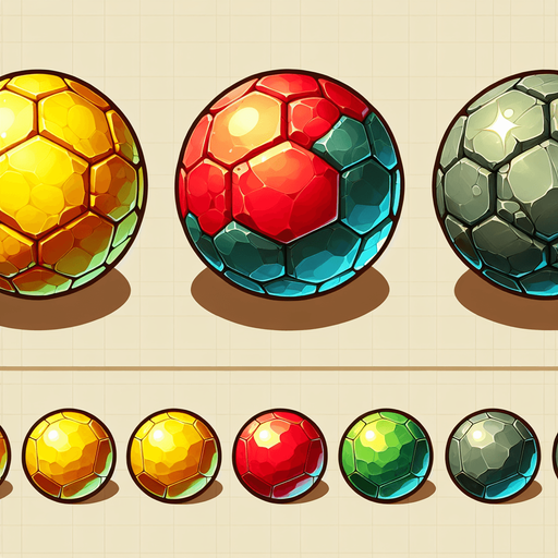 Create a set of hexagonal, rock-like balls for a cannon shooting game. Each ball should have a slightly beveled edge, giving it a 3D stone-like appearance with light shading and highlights. The balls should come in three distinct colors: Yellow, Red, and Green, each representing different power-ups or game functions. The texture should resemble polished stone but slightly rough, with subtle cracks or imperfections for realism.".
Single Game Texture.  In-Game asset.  2d.  Blank background.  High contrast.  No shadows