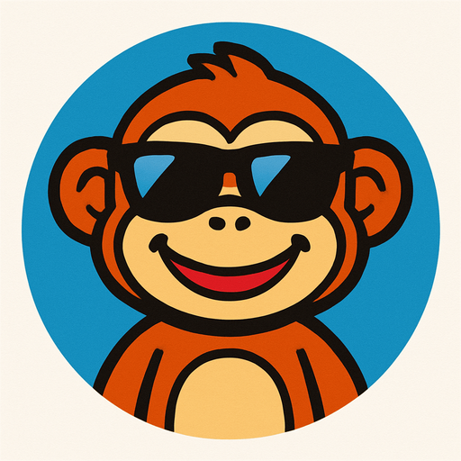 un monito en una imagen redonda, el monito lleva gafas de sol, es de plastico y tiene una sonrisa.
In-Game asset.  2d.  High contrast.  No shadows