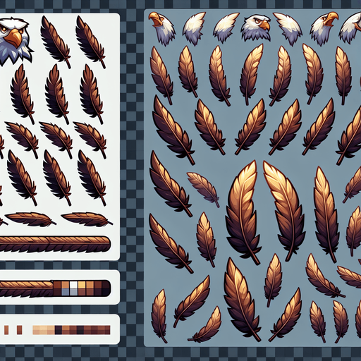 A sprite sheet of eagle feathers.
Single Game Texture. In-Game asset. 2d. Blank background. High contrast. No shadows.