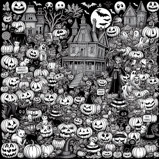Generate a high quality cartoon background Halloween image on a black canvas similar to the format of where is waldo.
Single Game Texture. In-Game asset. 2d. Blank background. High contrast. No shadows.