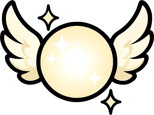 una esfera blanca con destellos con alas de angel a los lados.
In-Game asset.  2d.  High contrast.  No shadows