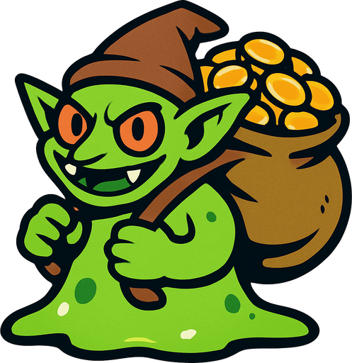 a goblin slime which have backpack fully coins.
In-Game asset.  2d.  High contrast.  No shadows
